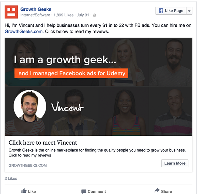growth geeks for Facebook ad examples